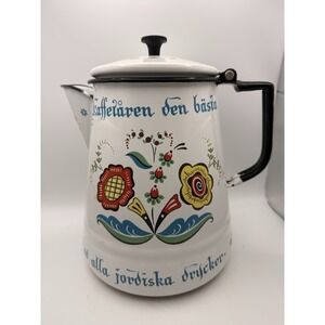 Vintage 10" Enamel Coffee Hot Water Pot, Berggren Floral Hinged, Swedish D15